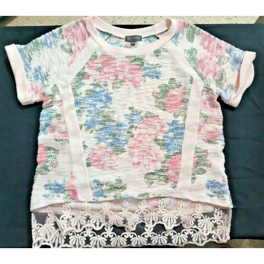 Rags to Wishes Women's Floral Lace Hem Short Sleeve Sweater Top Size Large Pink